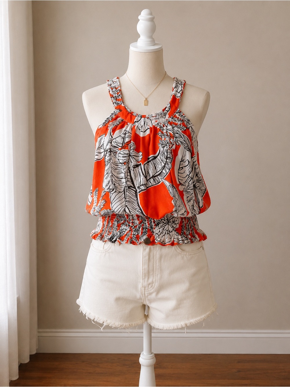 Promesa Orange Tropical Print Smocked Camisole